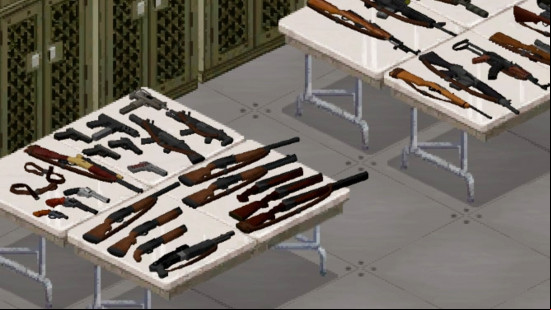 A vast range of guns are laid out on a table in Vanilla Firearms Expansion, one of the best Project Zomboid mods.