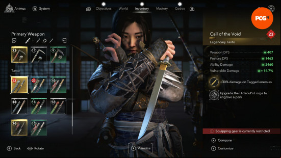 assassins-creed-shadows-legendary-gear-locations-tanto Assassin's Creed Shadows Legendary gear locations: Naoe with her arms crossed over, holding a tanto