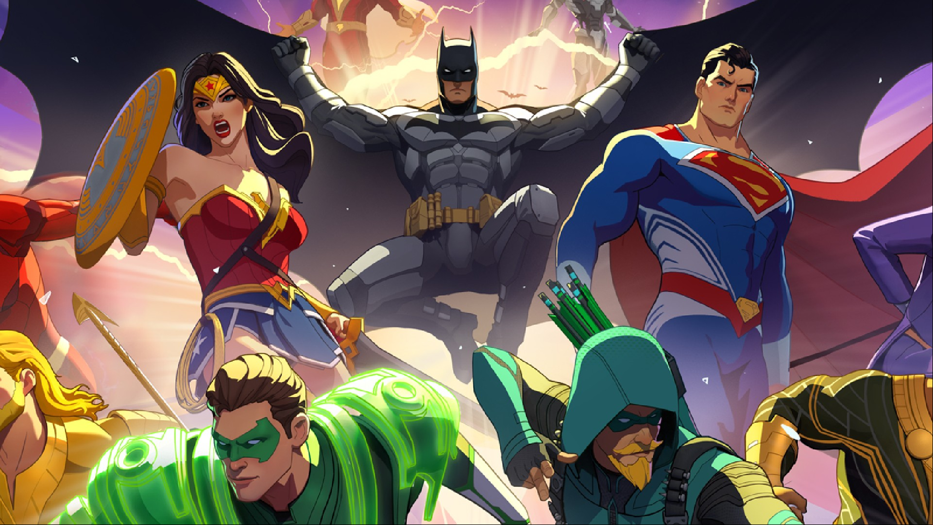 DC Dark Legion key art with Batman, Green Lantern, Superman, Wodner Woman and Green Arrow in action poses