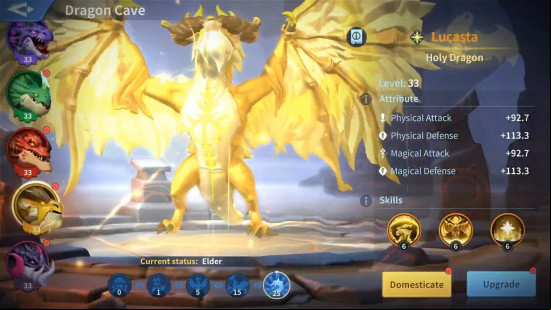 Best dragon games: Infinity Kingdom. Image shows a picture of Lucasta, a Holy Dragon, with their various stats listed to the right. At the top left, you can see a header that indicates the player is inside the 