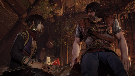 Blades of Fire characters Aran de Lira and Adso talking in a little cottage.