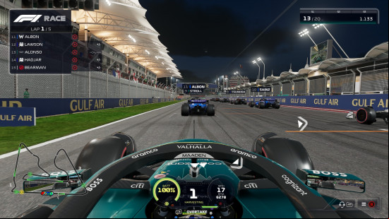 A race start in Bahrain from the cockpit at night in F1 25.