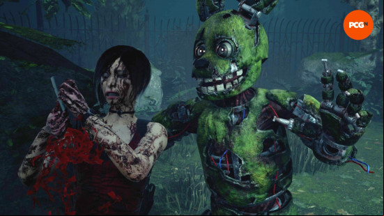 Springtrap grabs an Ada Wong with his axe in the DBD FNAF chapter.