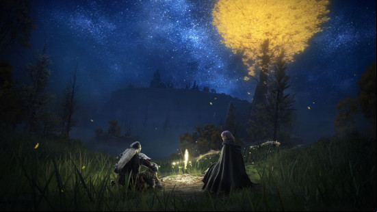 Elden Ring release date estimate: two people sit around a glowing campfire.