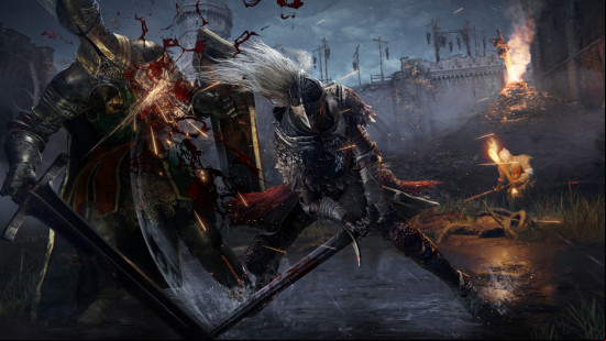 Elden Ring movie release date estimate: two armored soldiers fight with swords, one cuts the other across the chest.
