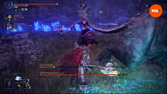 Elden Ring Nightreign Guardian: an armored bird guards against a large knight
