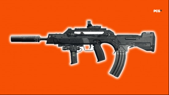 Best BO6 loadouts: a modern assault rifle weapon on a bright orange background.