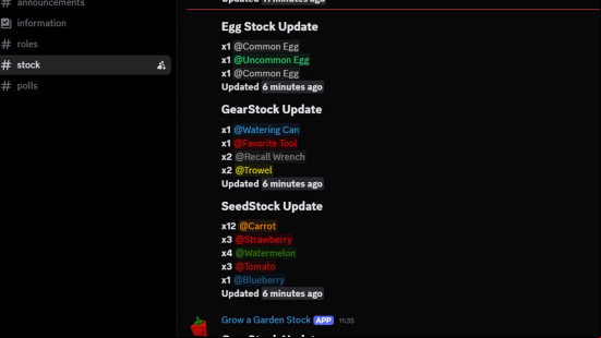 A Grow a Garden stock tracker list.
