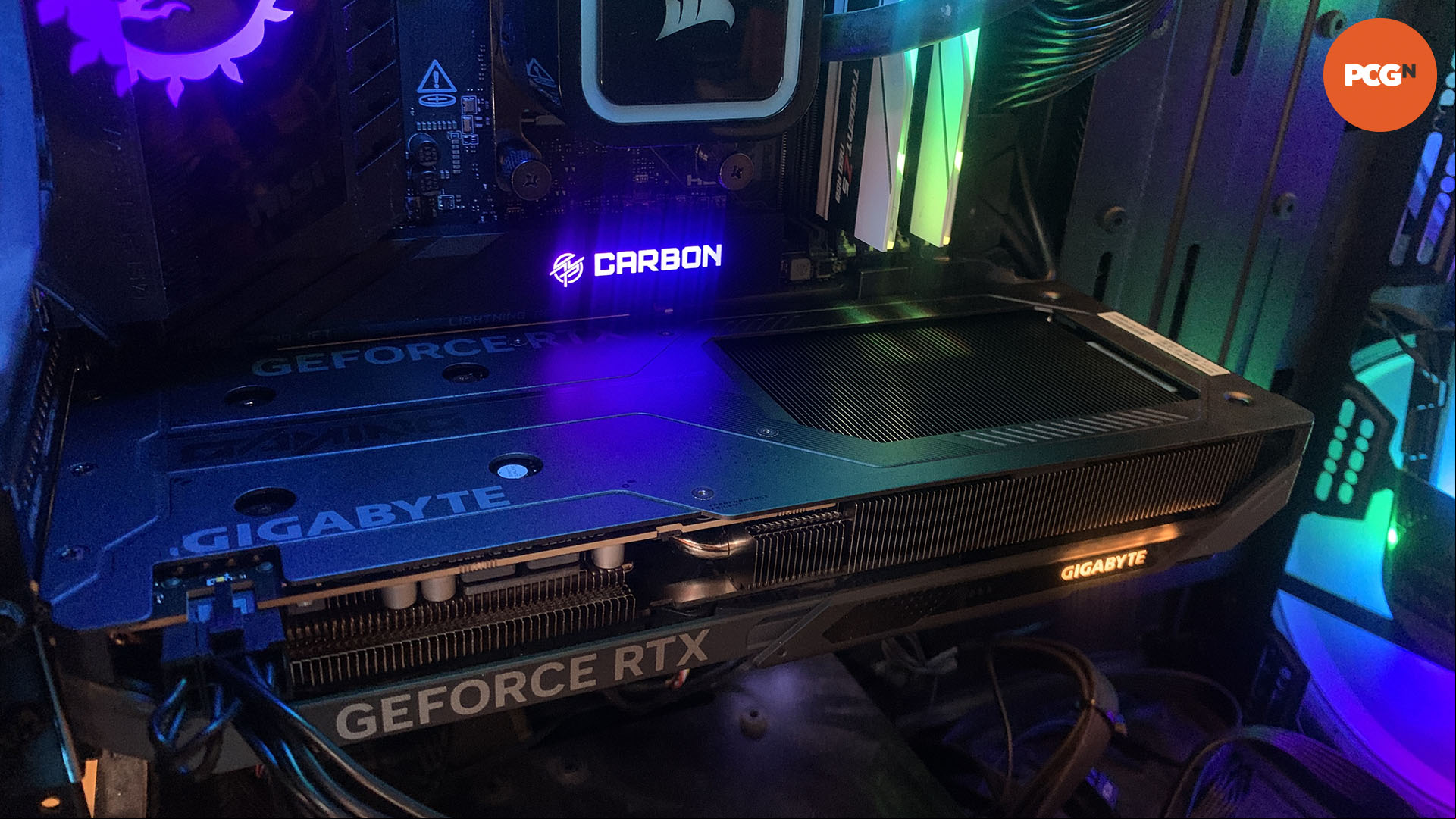 Nvidia GeForce RTX 5060 review: Gigabyte Gaming OC graphics card installed in test PC.