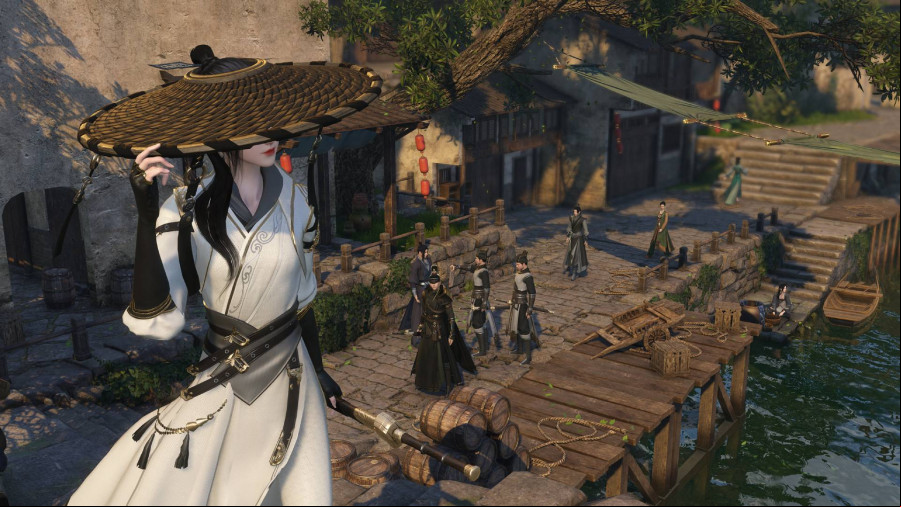 Sword of Justice: An Asian woman wearing a wide-brimmed traditional hat and white kimono with a sword on her waist looks over her shoulder out over a village smirking