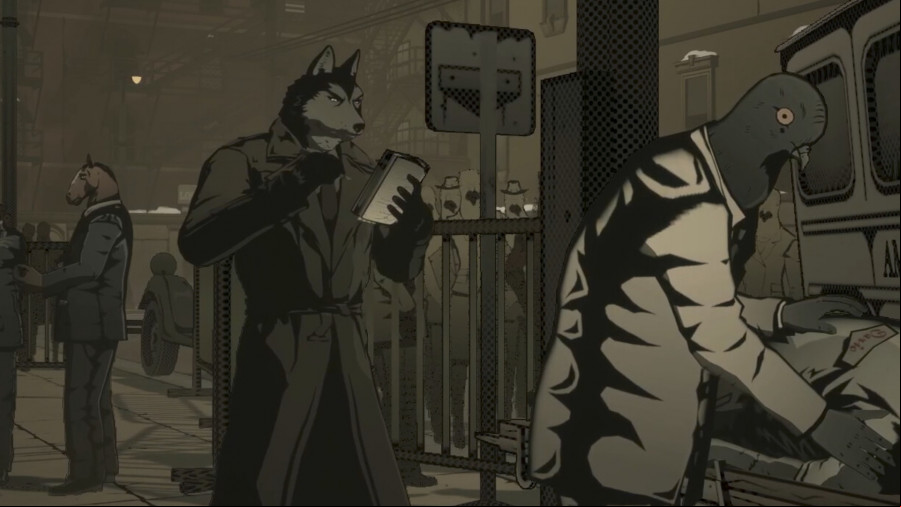 The Shadow Syndicate: a detective in a trench coat with the head of a husky writes in a notepad as a medical worker with the head of a pigeon attends to a patient