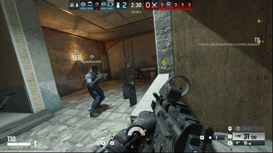 Third-person view of Clash placing her shield in Bathroom on Border.