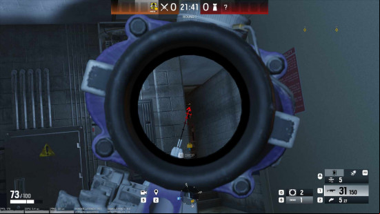 Vigil appears from around the corner on Club House's Blue stairs, surrounded by a red outline that bleeds onto the wall next to him.