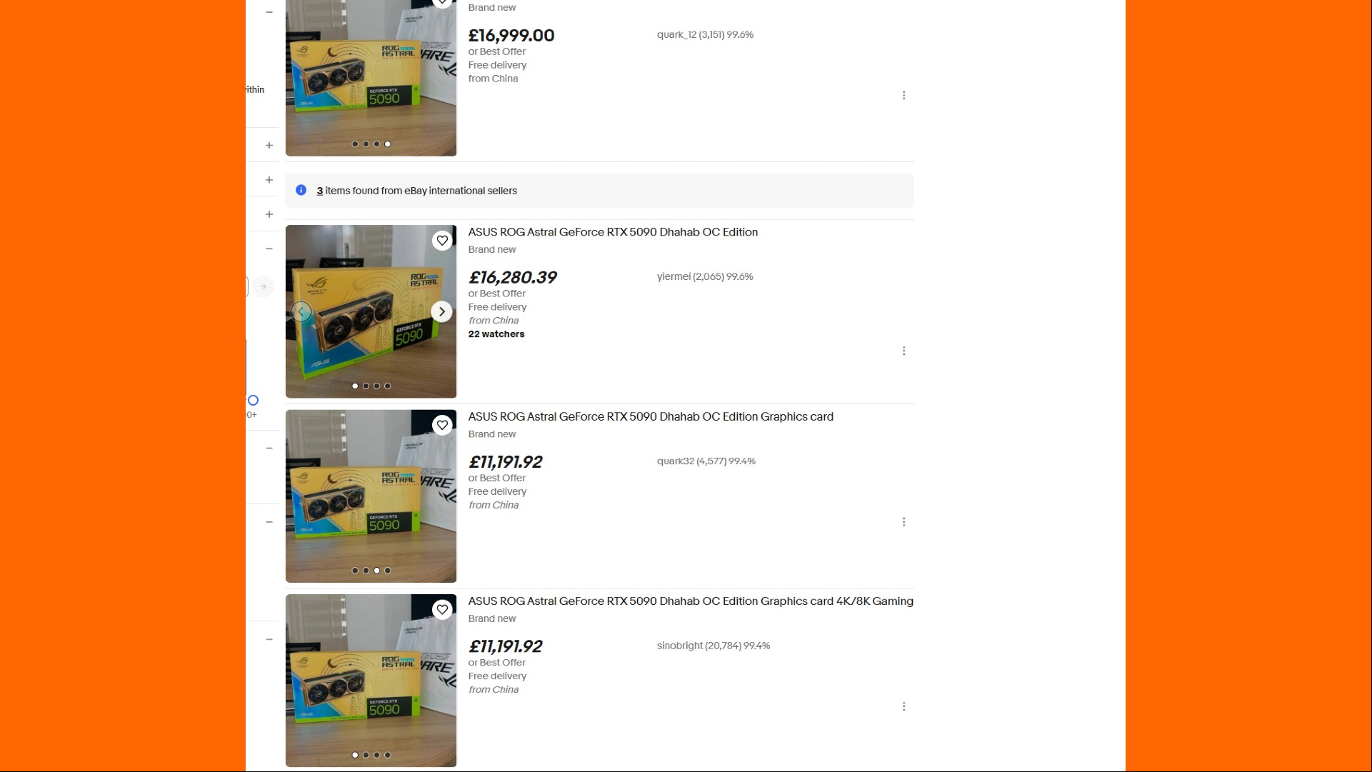 Four eBay listings for the Astral GeForce RTX 5090 Dhahab edition