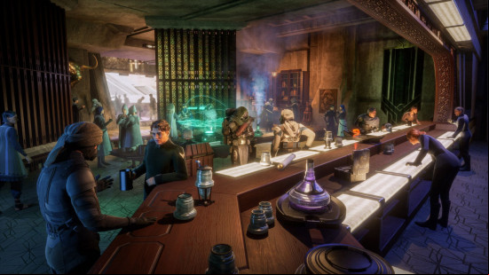 Dune Awakening giveaway: dozens of patrons in a bar, all having seperate conversations. 