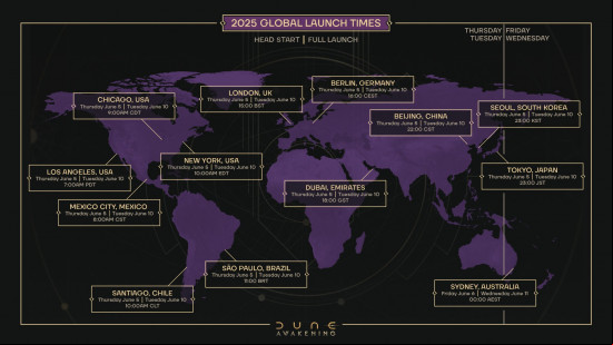 The Dune Awakening server launch times for early access and release.