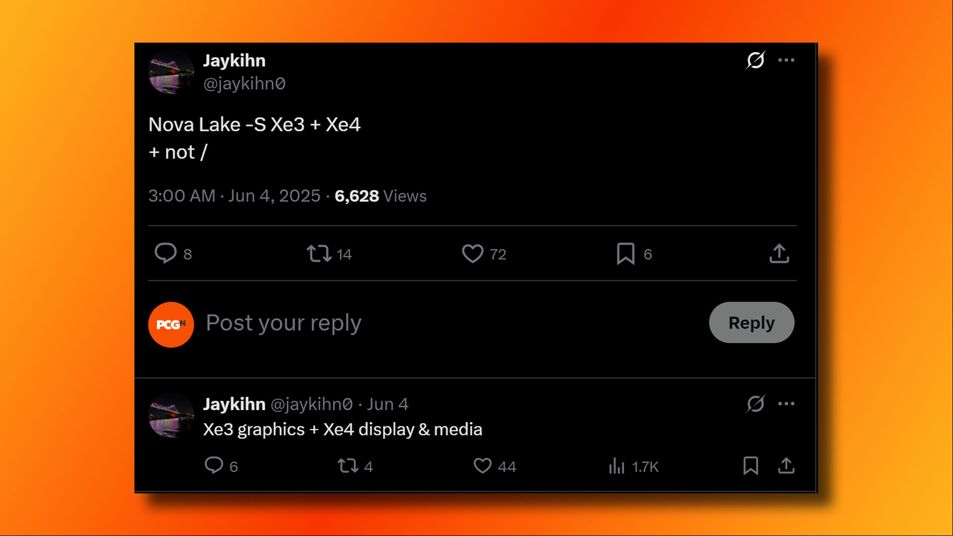 Intel Nova Lake GPU rumor from Jaykihn on X.