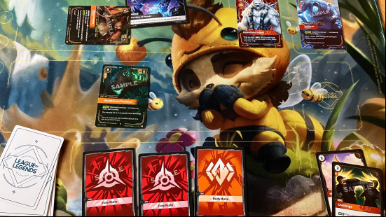 A live game of Riftbound, with cards placed on the board.