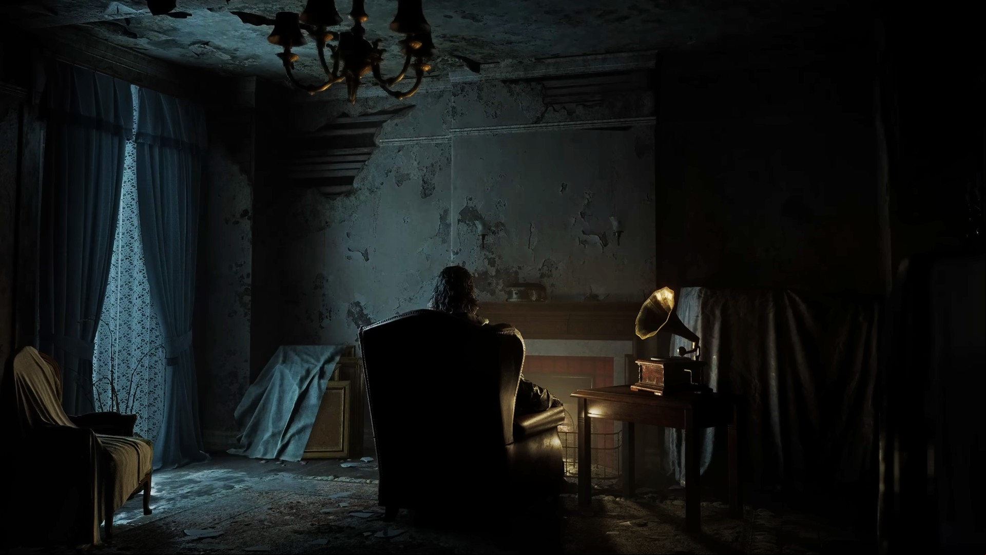 RE9 release date: A man sits in a high-back armchair beside an old record player in the Wrenwood Hotel, the presumed villain of Resident Evil Requiem.