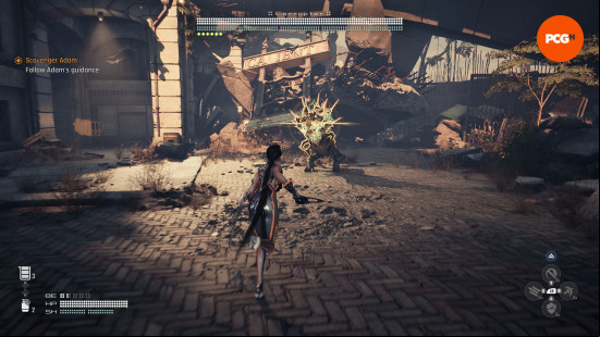 Stellar Blade PC review: A woman with black hair, seen from behind, runs across a brick street toward a monster, Eve from Stellar Blade.