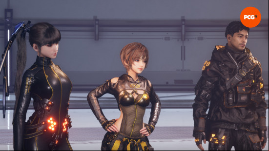Stellar Blade PC review: Two women and a man, all wearing black clothes, Eve, Lily, and Adam from Stellar Blade.