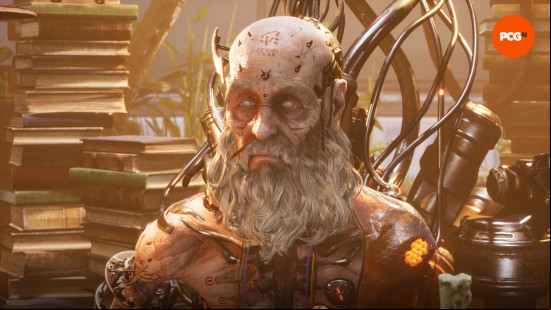 Stellar Blade PC review: An old bald man with a white beard and wires coming from metal implants on his chest, Orcal from Stellar Blade.