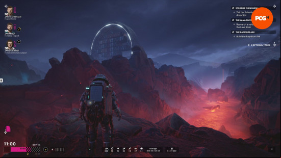 The Alters review: a man in a spacesuit stands on a craggy rock next to a river of lava.