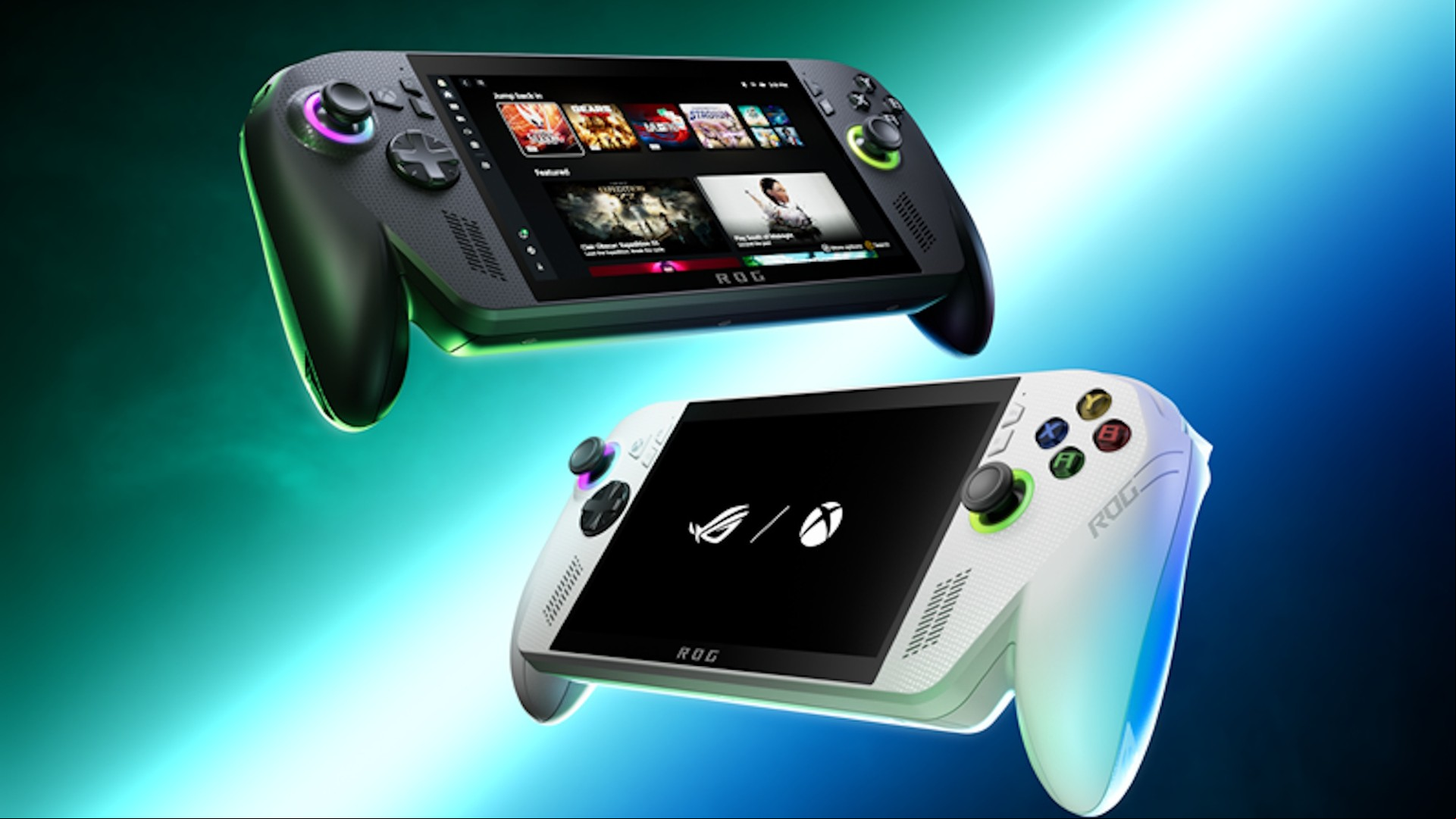 Images of the Asus Xbox Ally x and Xbox Ally against a green and blue background